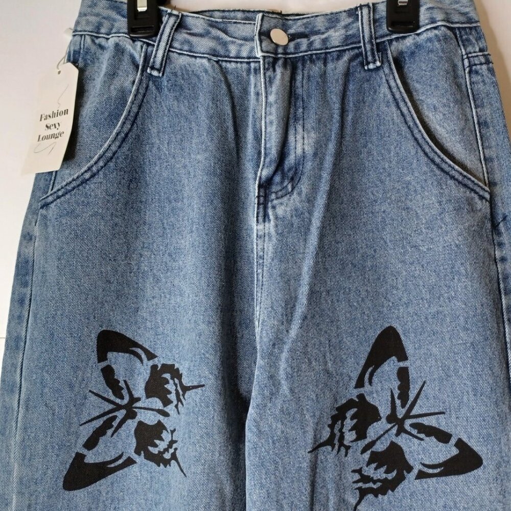Fashion Sexy Lounge Size Medium / 28X29 blue and black butterfly jeans - Picture 4 of 7